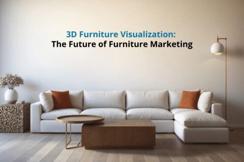 3D furniture visualization split screen showing wireframe mesh transforming into photorealistic 3D furniture rendering of a velvet sofa.