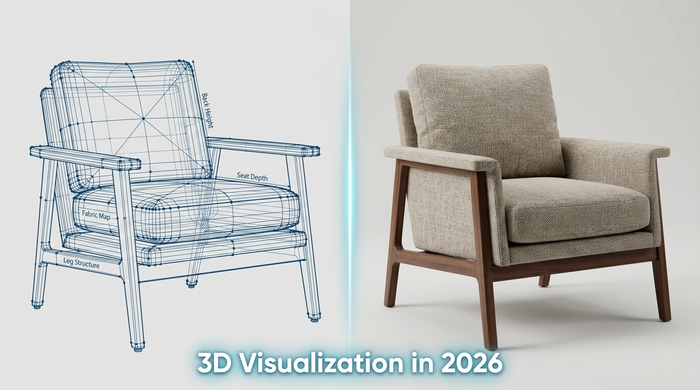 3D furniture rendering process from wireframe to photorealistic armchair