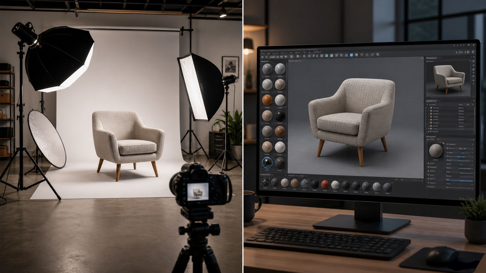 3D furniture rendering compared to traditional photography studio setup