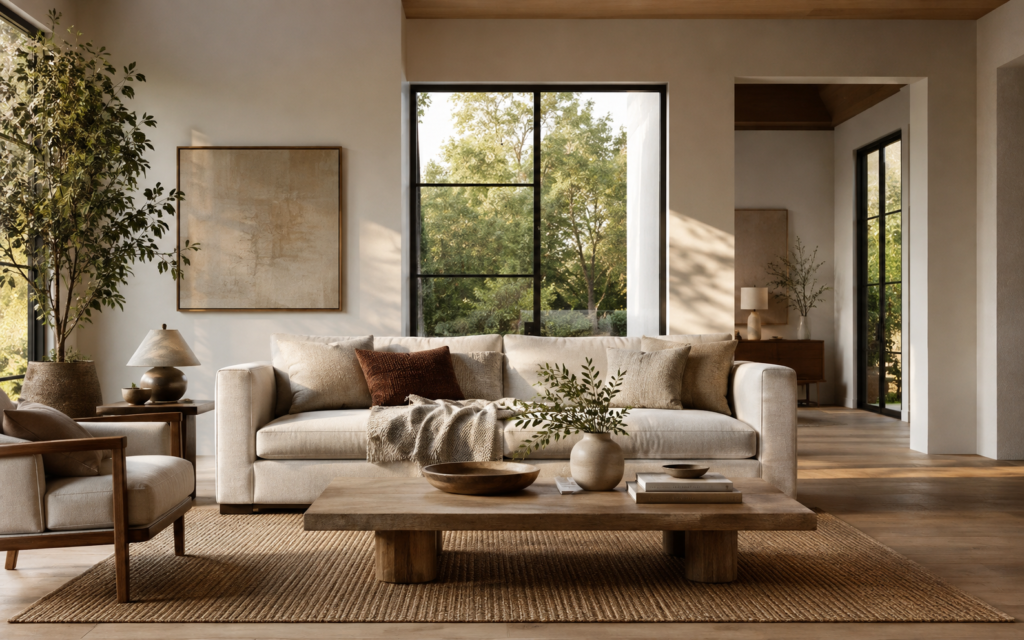AI-assisted 3D furniture lifestyle rendering in a modern living room