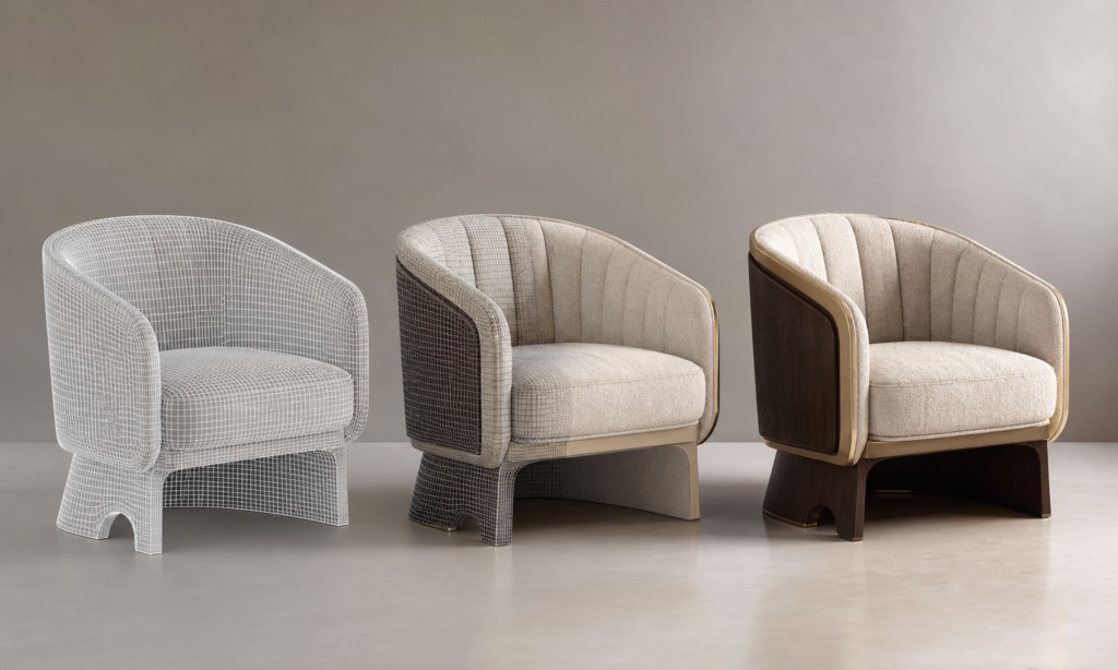 Professional 3D furniture rendering workflow from wireframe to photorealistic image