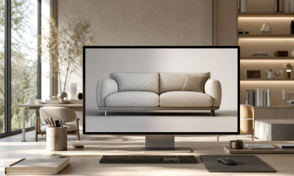 AI-assisted 3D furniture rendering workflow on a designer's screen
