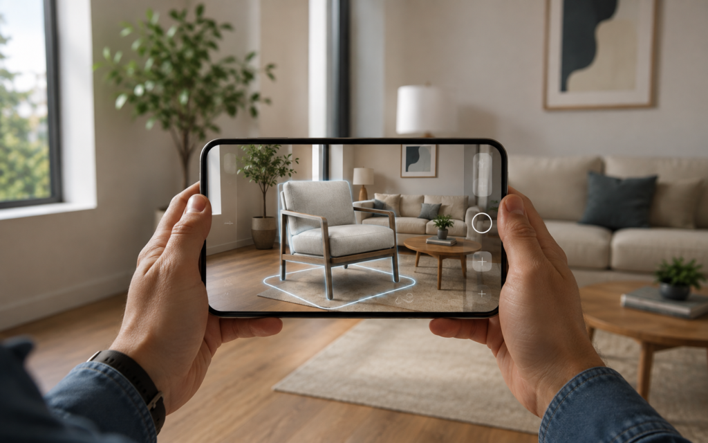 Customer using AR furniture visualization to preview an armchair at home