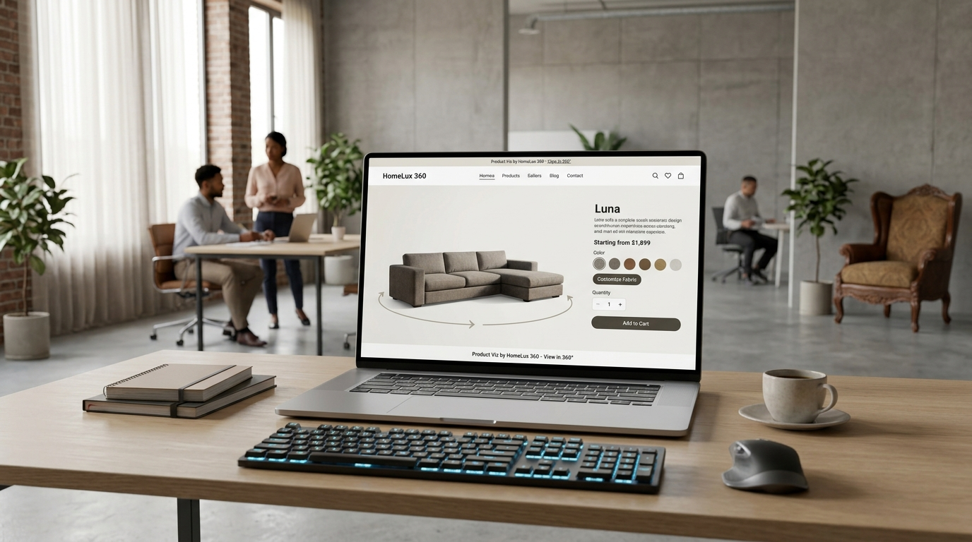 Furniture 3D rendering USA e-commerce product page mockup