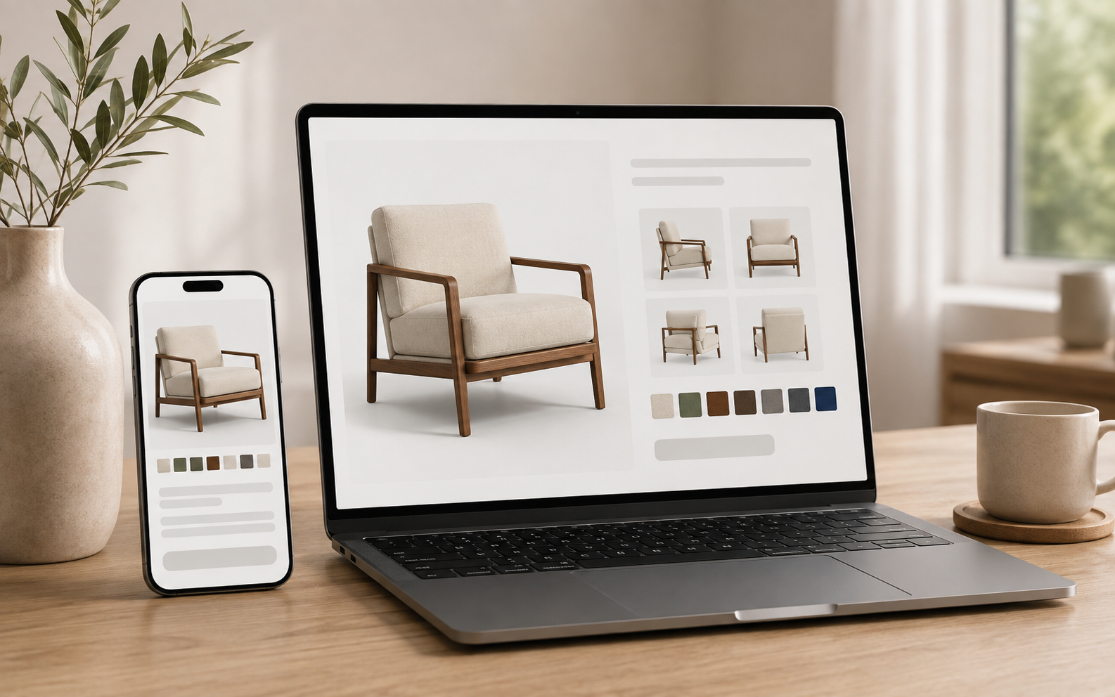 3D rendered furniture displayed on an e-commerce product page