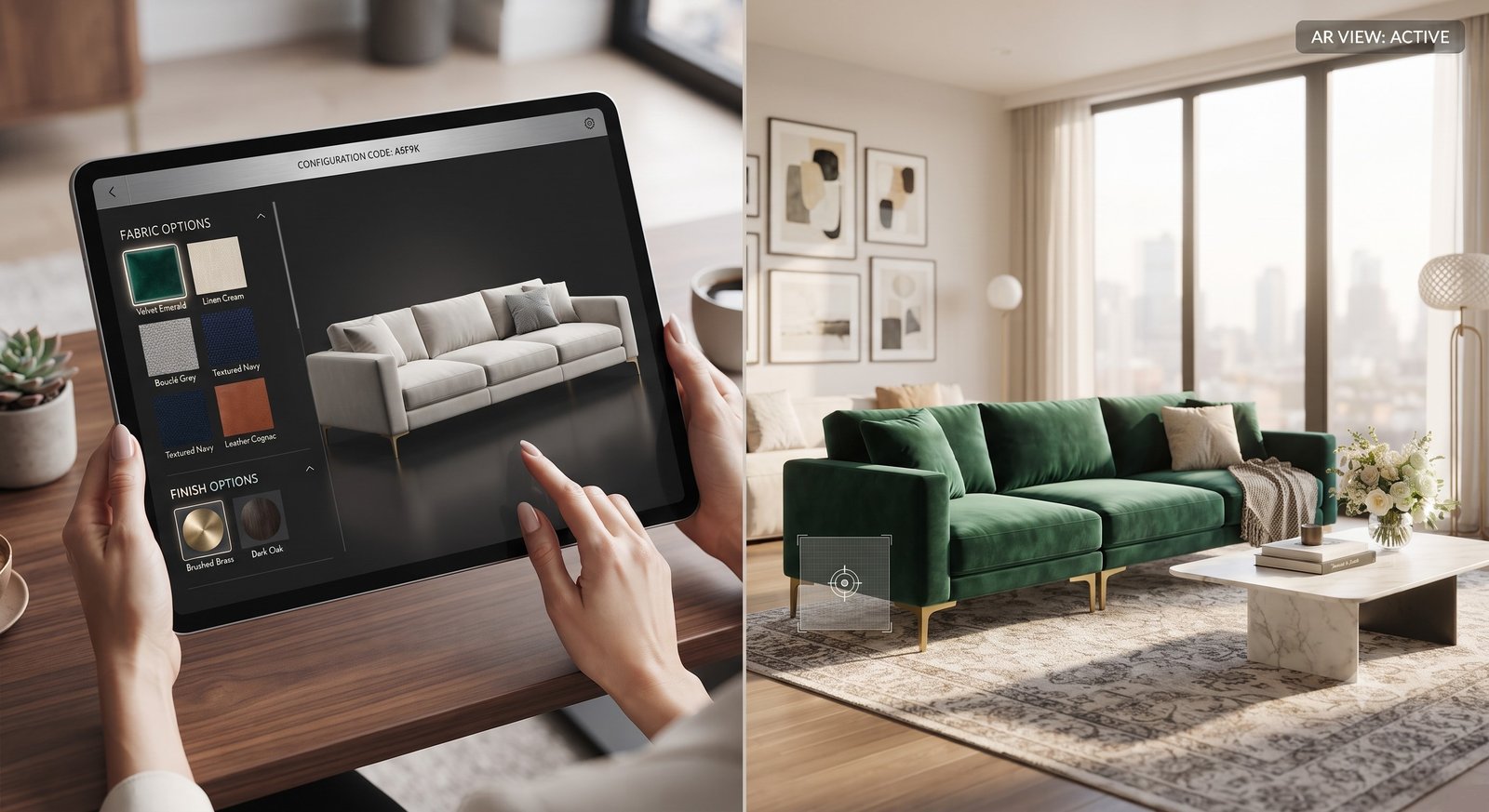 Luxury visual showing a 3D furniture configurator alongside an AR furniture visualization in a living room