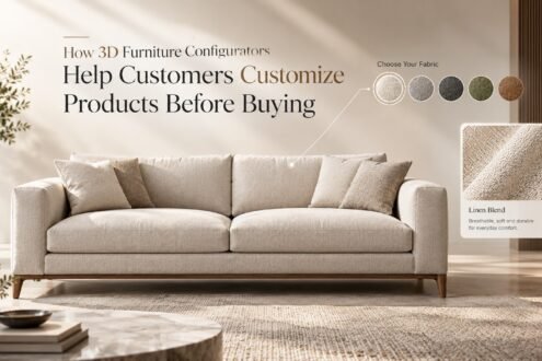 3D furniture configurator featured image showing a sofa with fabric options being customized on screen