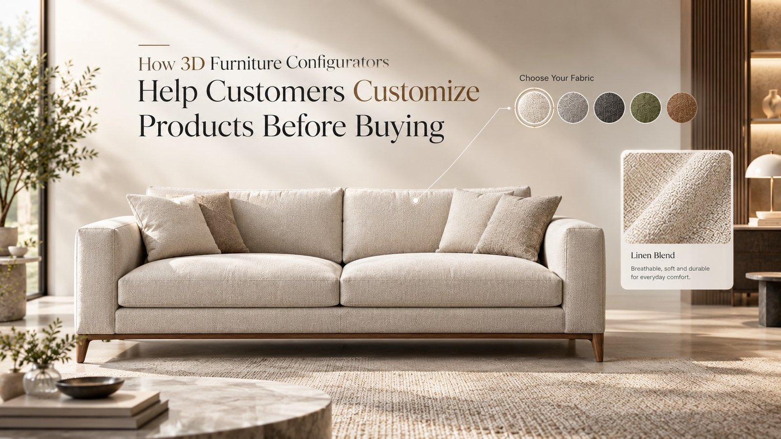 3D furniture configurator featured image showing a sofa with fabric options being customized on screen