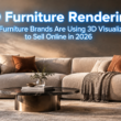 Luxury 3D furniture rendering of a modern sofa showcasing photorealistic textures for 2026 e-commerce