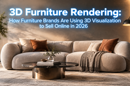 Luxury 3D furniture rendering of a modern sofa showcasing photorealistic textures for 2026 e-commerce