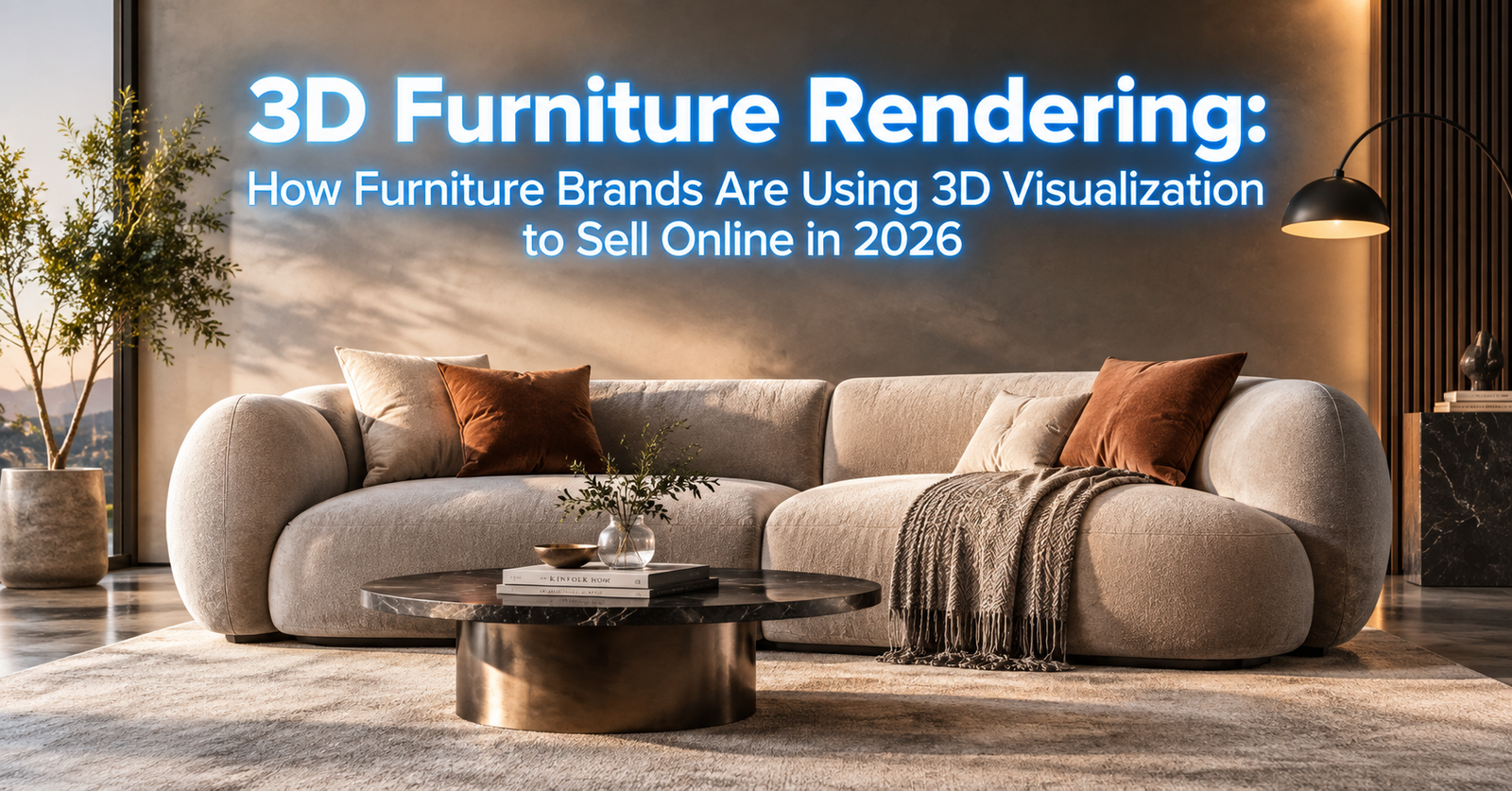 Luxury 3D furniture rendering of a modern sofa showcasing photorealistic textures for 2026 e-commerce