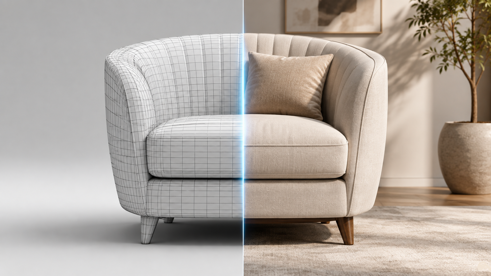3D furniture rendering process from wireframe to photorealistic armchair