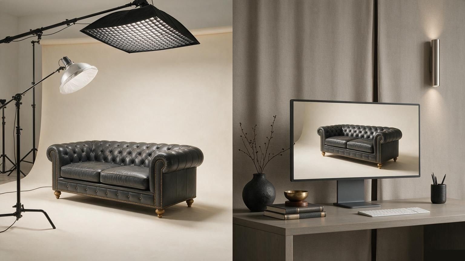 Side-by-side comparison of 3D furniture rendering cost and traditional photography studio cost