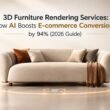 AI 3D furniture rendering featured image showing an interactive rendered sofa with a conversion-lift concept