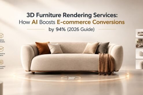 AI 3D furniture rendering featured image showing an interactive rendered sofa with a conversion-lift concept