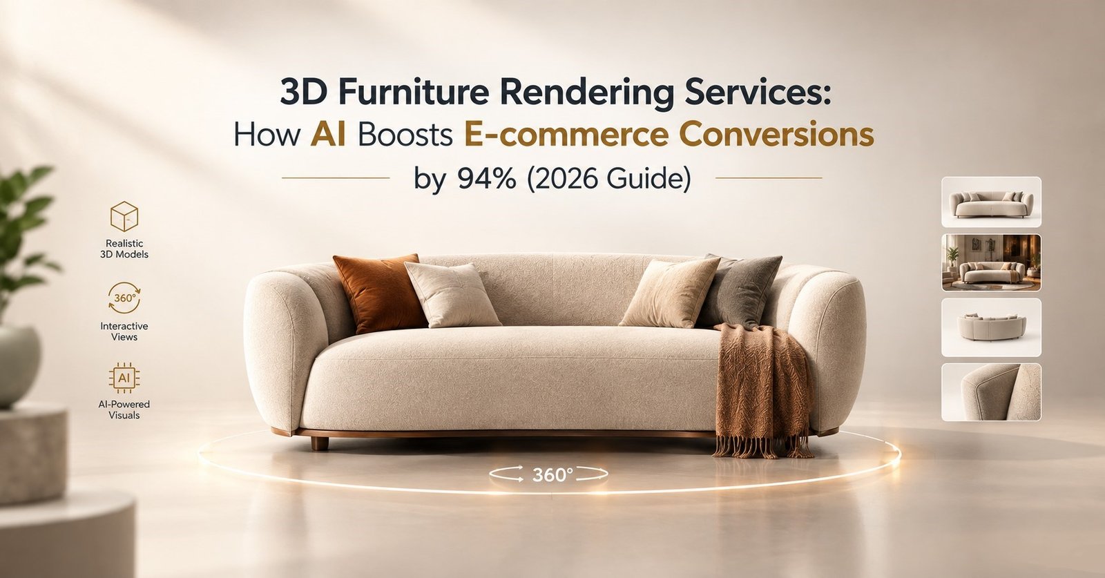 AI 3D furniture rendering featured image showing an interactive rendered sofa with a conversion-lift concept