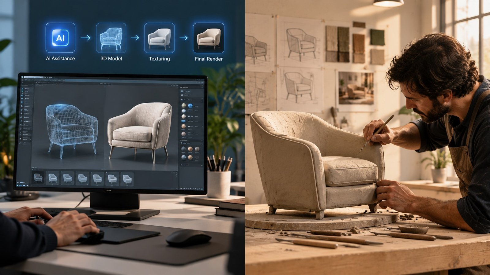 Comparison of AI-assisted 3D furniture rendering workflow and traditional manual rendering workflow