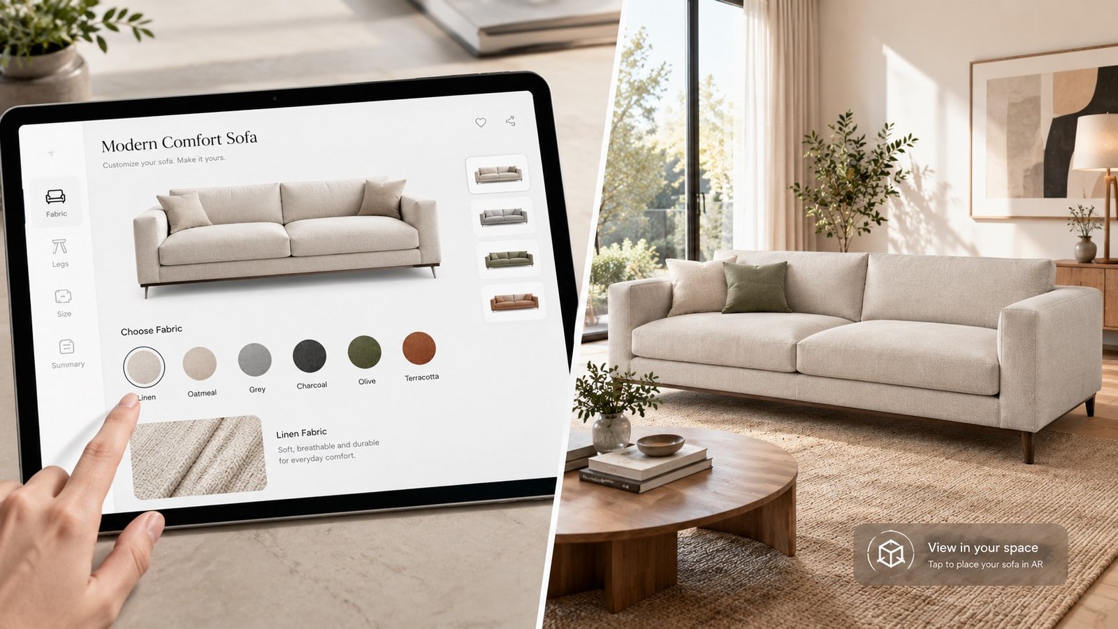 Luxury visual showing a configured sofa previewed via AR in a real living room