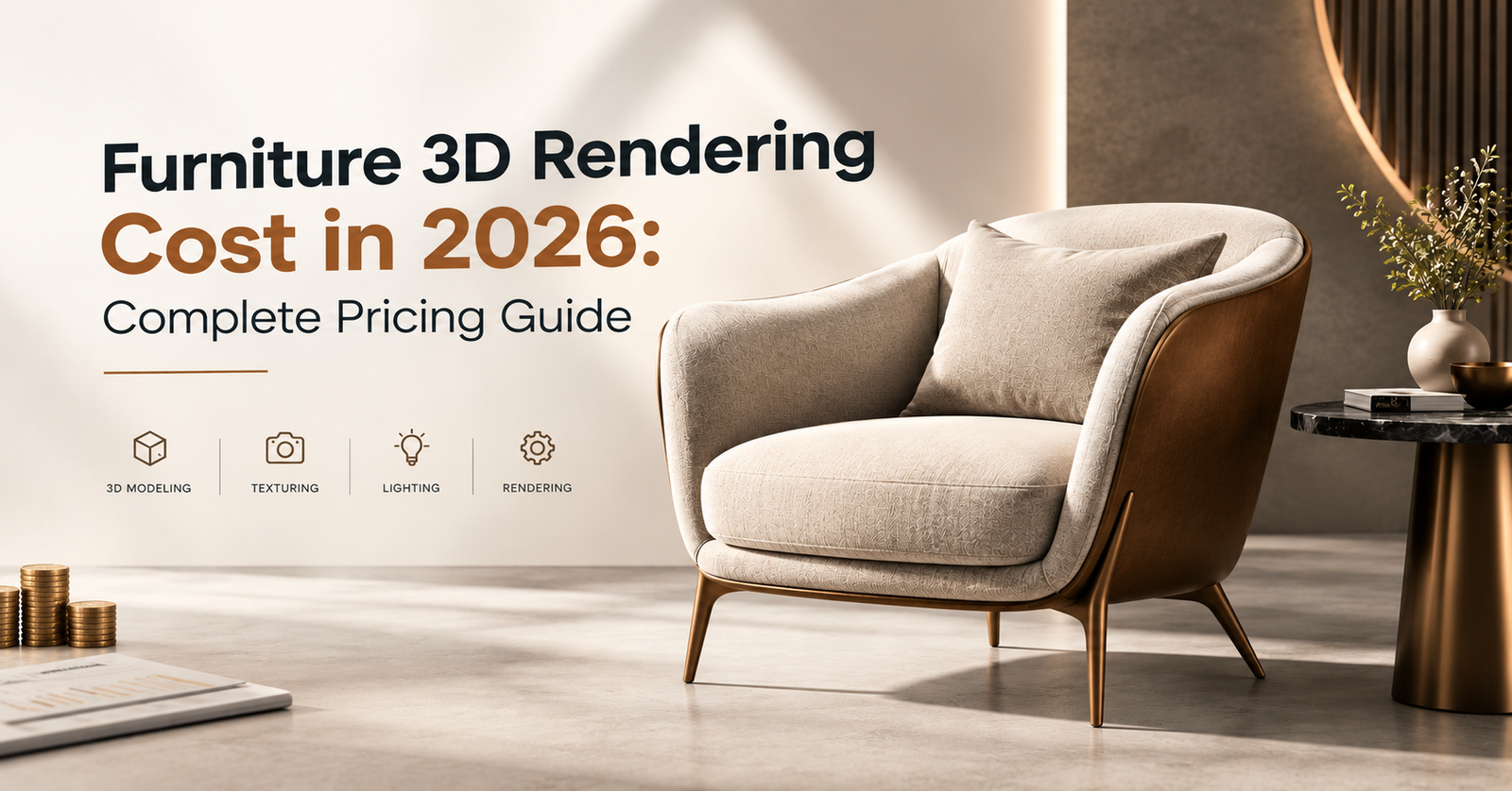 Furniture 3D rendering cost guide featured image showing a rendered armchair with pricing concept