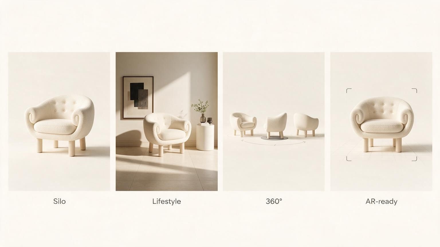 Luxury visual breakdown of furniture 3D rendering pricing across silo, lifestyle, 360 and AR formats