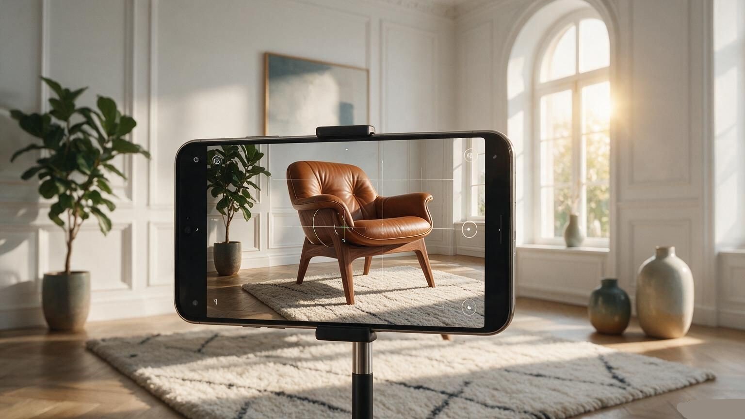 AR furniture visualization showing a luxury armchair placed virtually in a modern living room