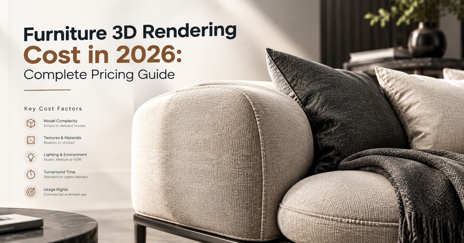 Luxury visual showing the factors that determine furniture 3D rendering cost, including material detail and model complexity
