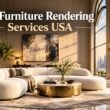 Luxury 3D furniture rendering of a sculptural boucle sofa in a double-height American showroom