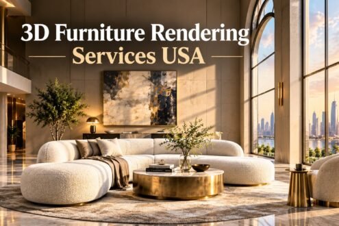 Luxury 3D furniture rendering of a sculptural boucle sofa in a double-height American showroom