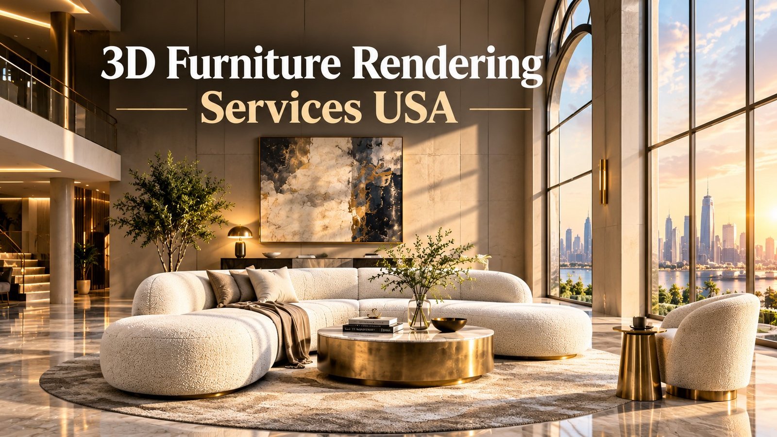 Luxury 3D furniture rendering of a sculptural boucle sofa in a double-height American showroom