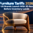 Half wireframe and half photoreal lounge chair in front of a shipping container at dusk, showing 3D renders launching before inventory lands