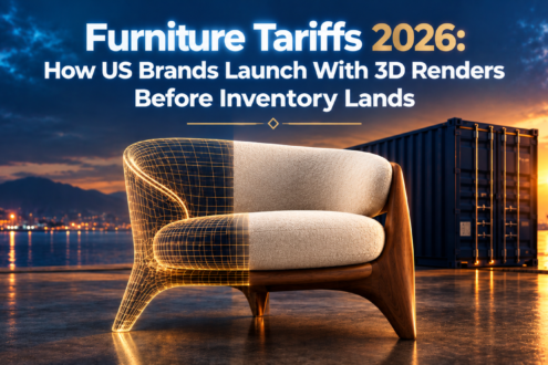 Half wireframe and half photoreal lounge chair in front of a shipping container at dusk, showing 3D renders launching before inventory lands