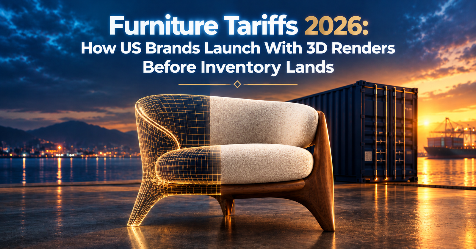 Half wireframe and half photoreal lounge chair in front of a shipping container at dusk, showing 3D renders launching before inventory lands