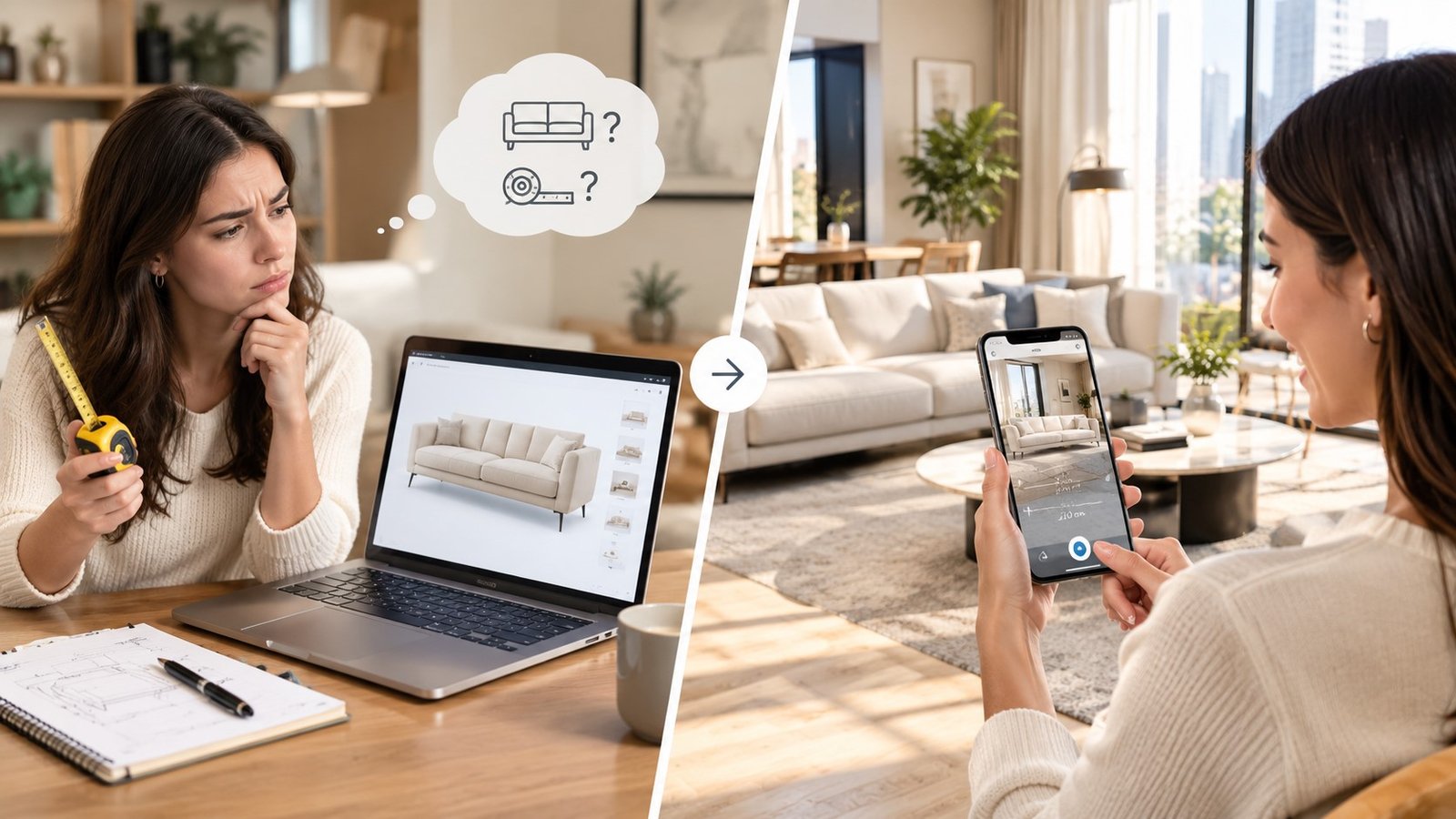 Side-by-side of a furniture buyer guessing size from a photo versus checking true scale with AR