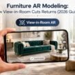 Furniture AR modeling shown as a sofa placed in a real living room through a phone view-in-room preview