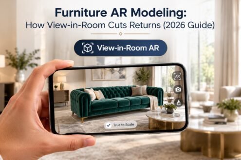 Furniture AR modeling shown as a sofa placed in a real living room through a phone view-in-room preview