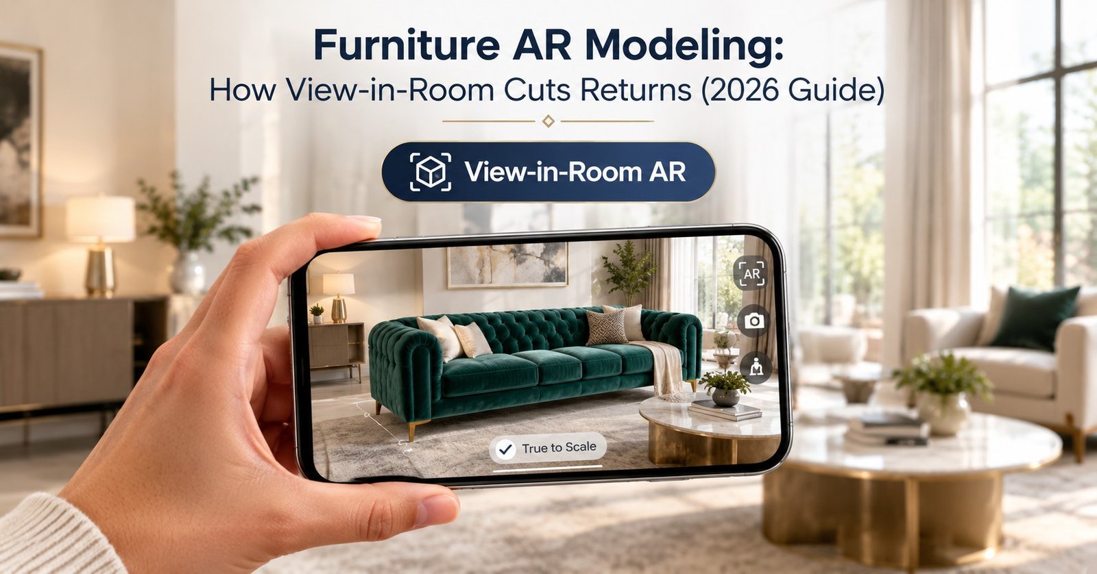 Furniture AR modeling shown as a sofa placed in a real living room through a phone view-in-room preview