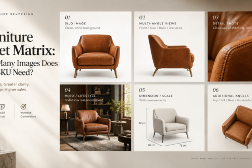 Luxury contact-sheet grid showing one armchair in many image types, illustrating a furniture asset matrix