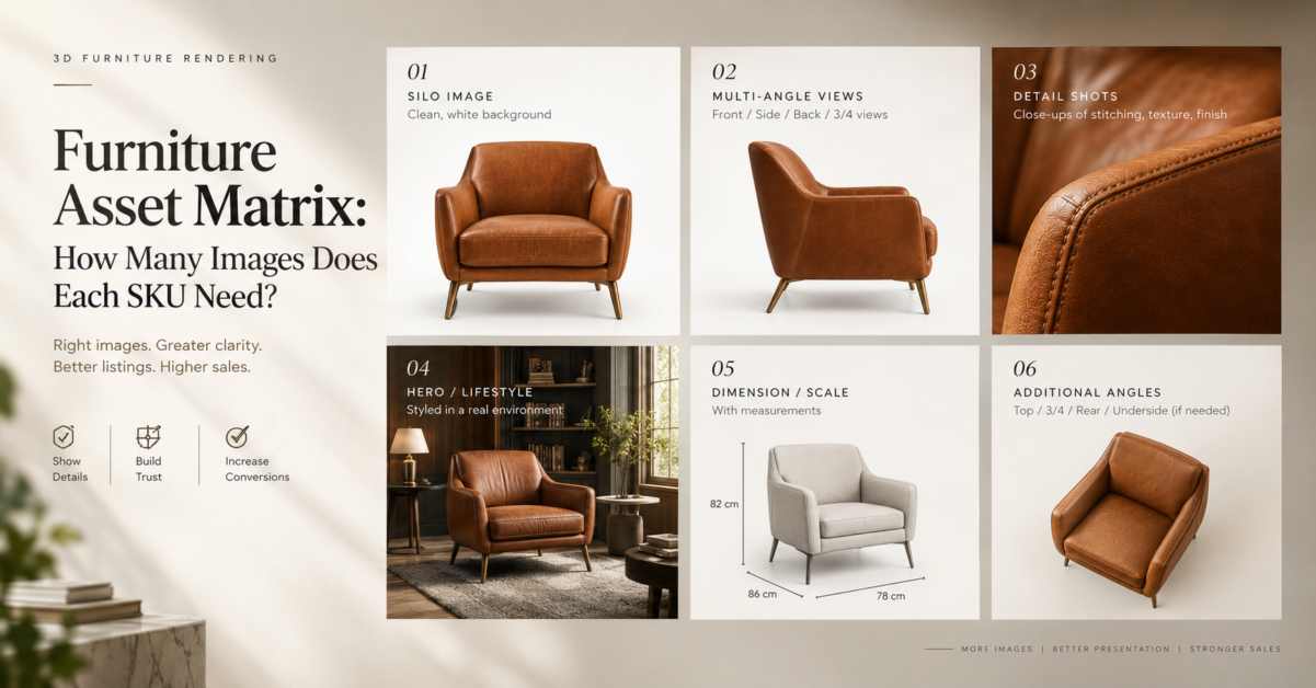 Luxury contact-sheet grid showing one armchair in many image types, illustrating a furniture asset matrix