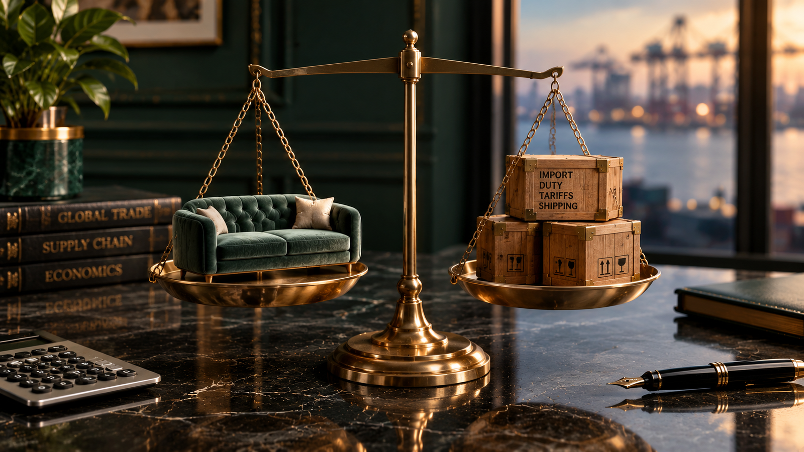 Brass balance scale weighing a miniature sofa against stacked brass-stamped shipping crates to show furniture landed cost