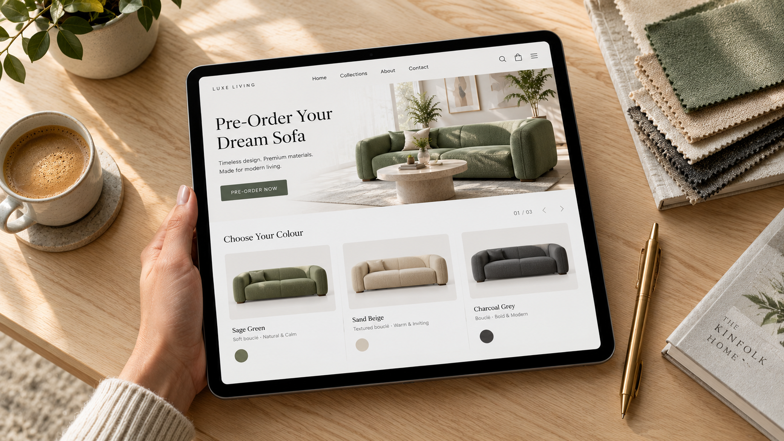 Three luxury sofa colourway renders shown on a tablet pre-order page in a bright showroom