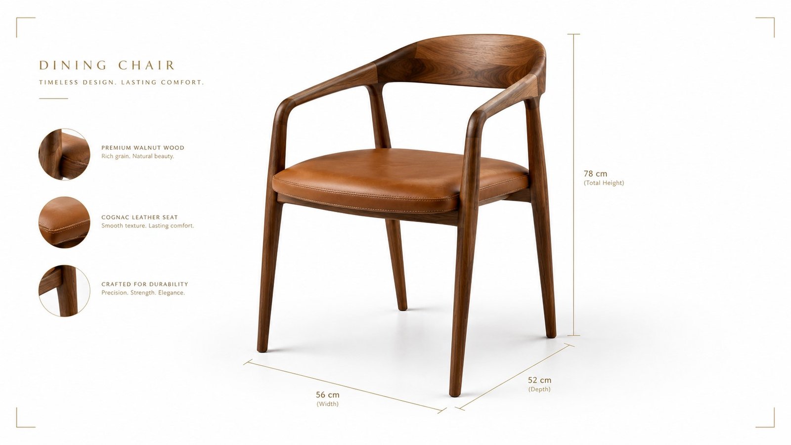 Walnut dining chair on a pure white background with fine measurement lines showing image specification checks