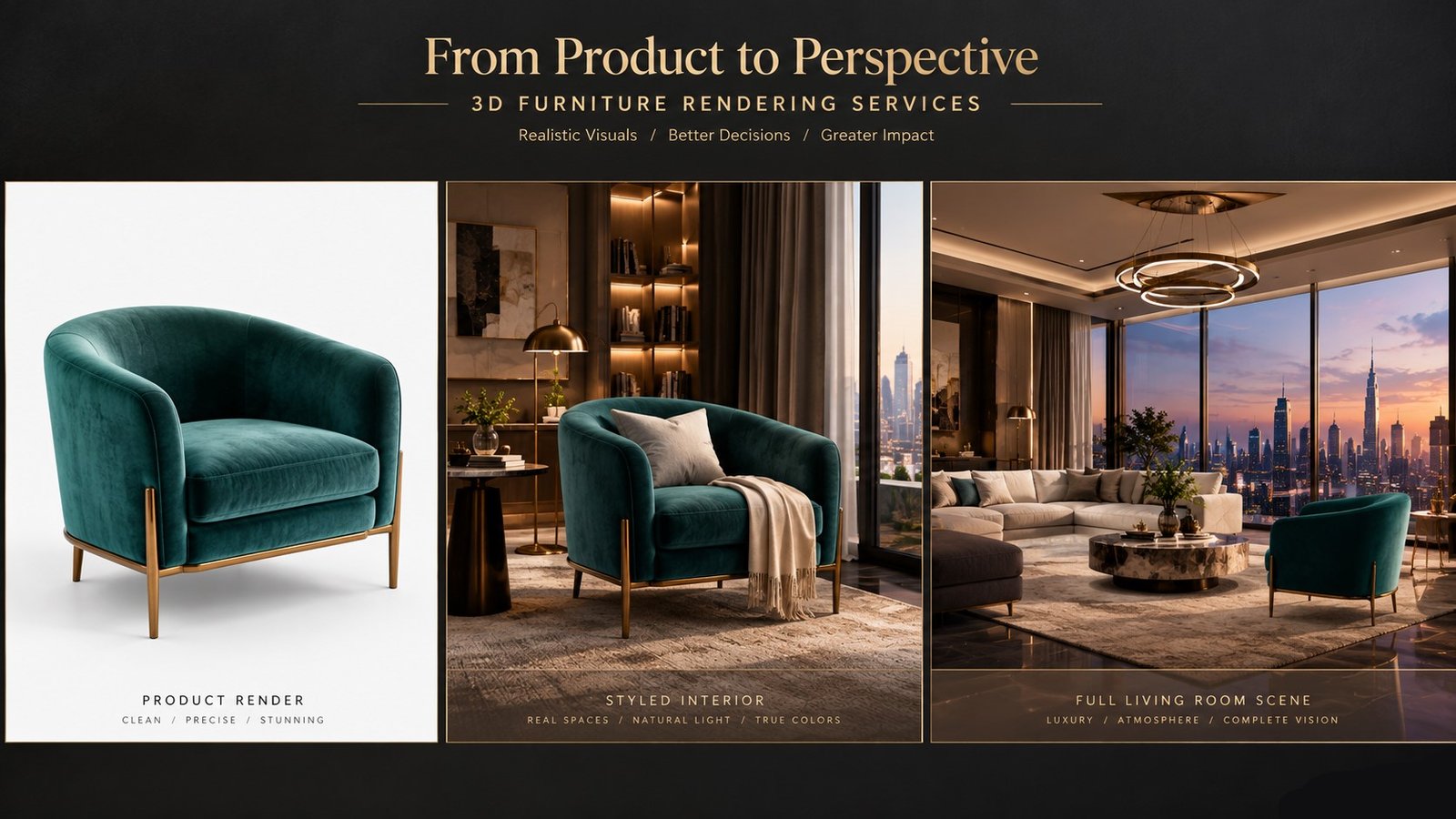 Three luxury furniture renders arranged as pricing tiers from simple white-background shot to full lifestyle scene