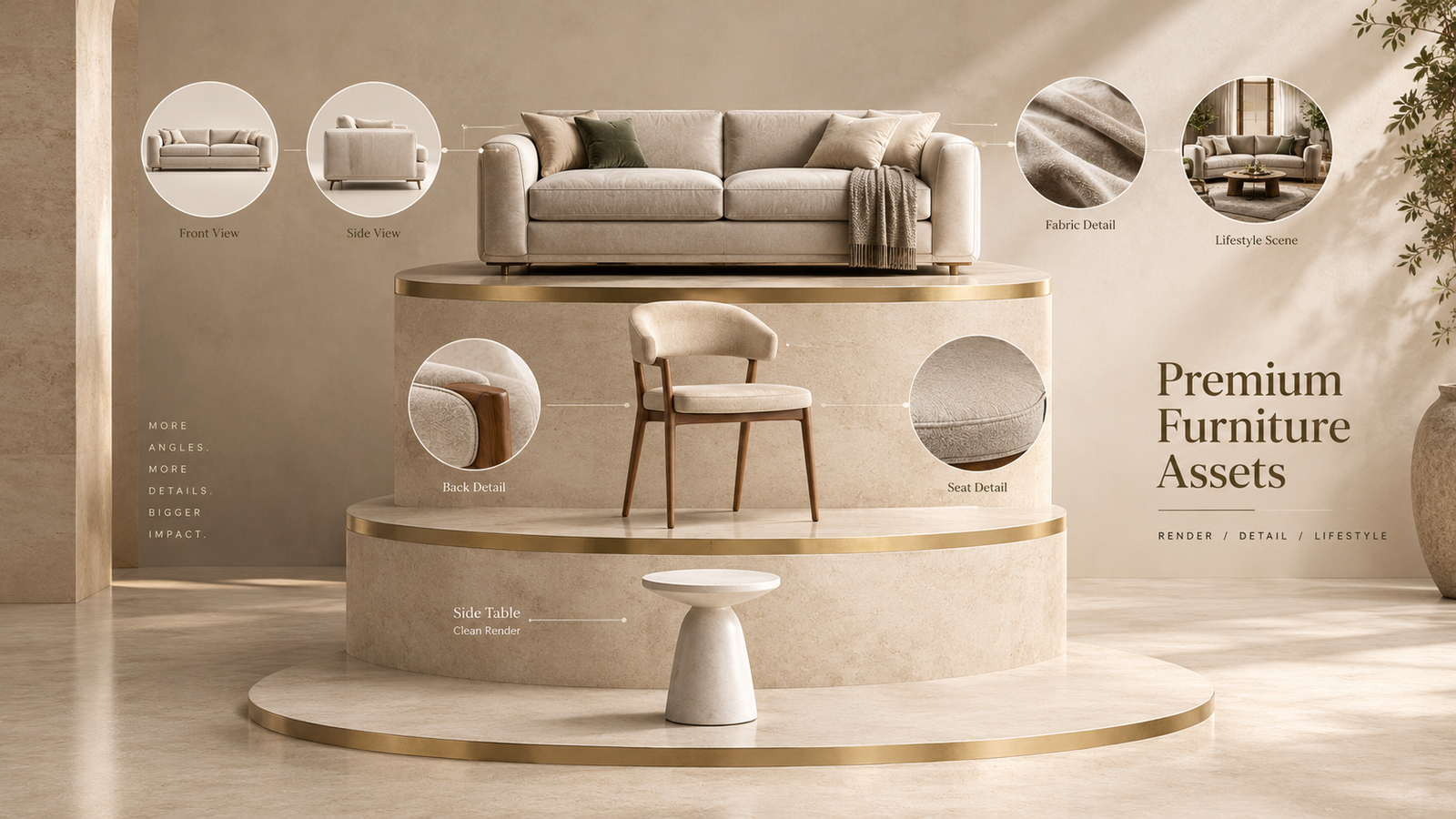 Three furniture products arranged in rising tiers, from one simple chair render to a full set of detailed renders