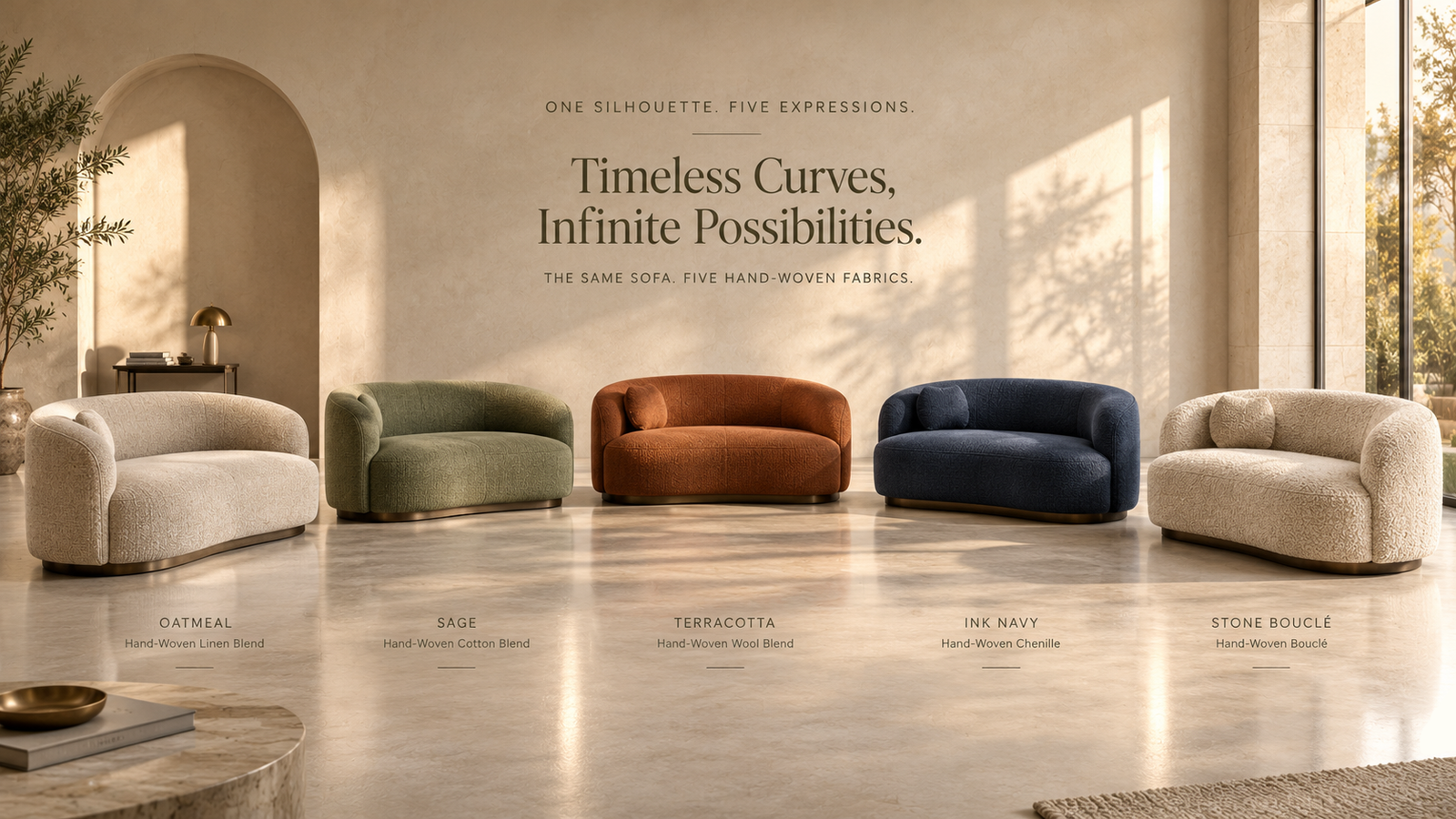 One sofa model shown in five fabric colourways in a row, showing how variants reuse a single 3D model
