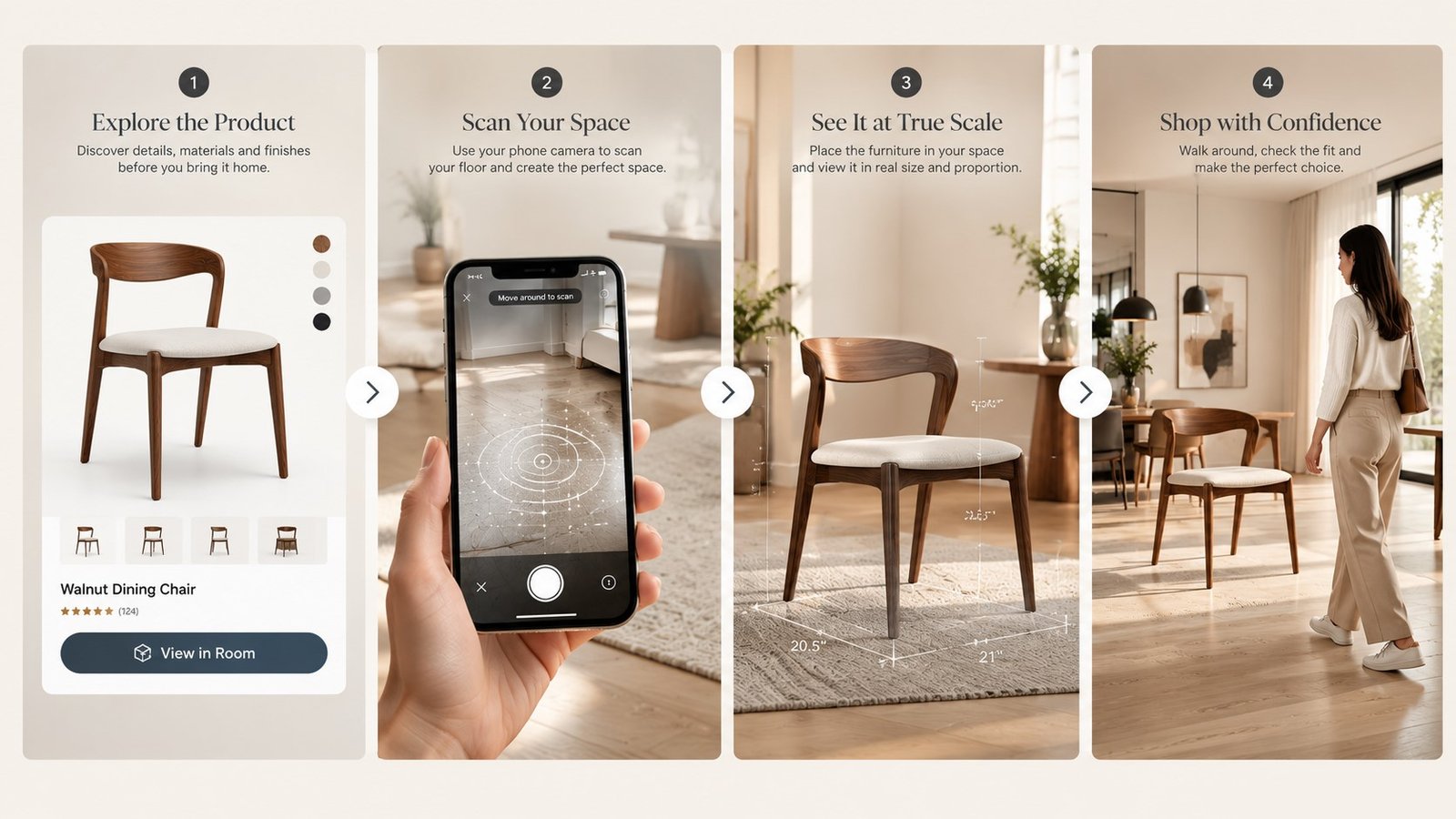 Step-by-step flow showing a furniture 3D model opening in a shopper's room through AR